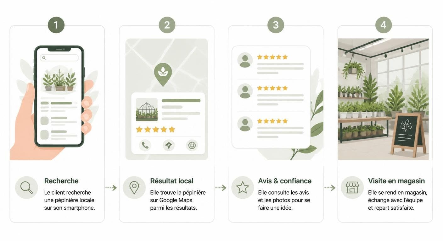 Parcours d'un client de pépinière, de la recherche Google à la visite en magasin