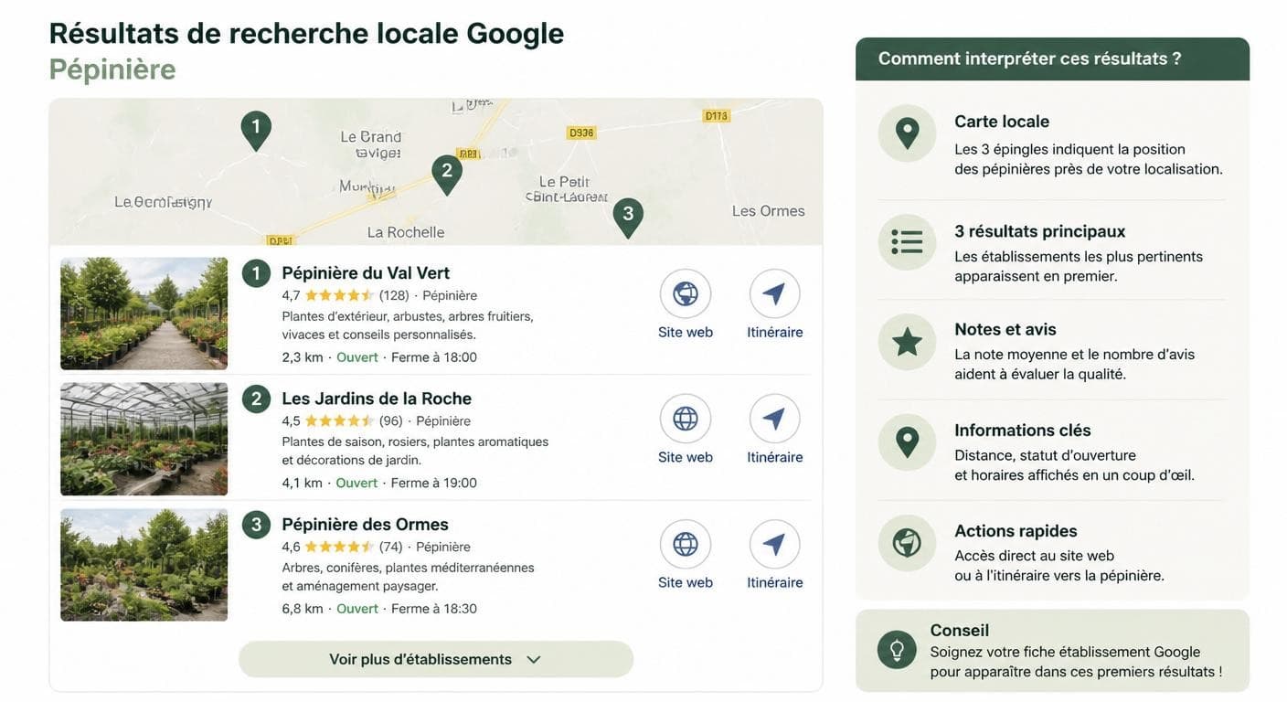 Schéma du Local Pack Google montrant trois pépinières mises en avant sur la carte