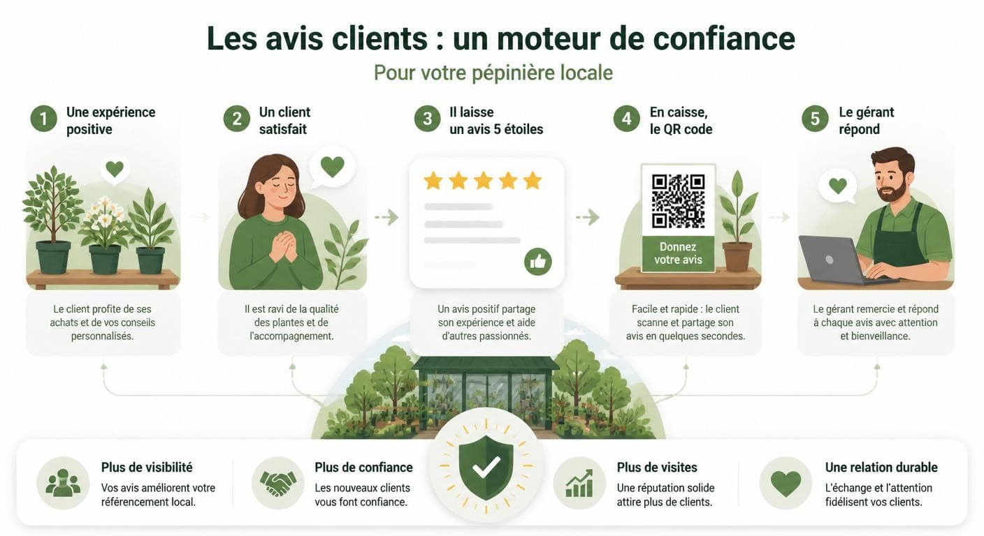 Cercle vertueux des avis clients d'une pépinière, de la demande à la réponse du gérant