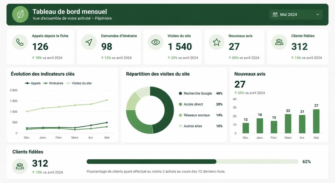 Tableau de bord mensuel d'acquisition de clients pour une pépinière avec cinq indicateurs