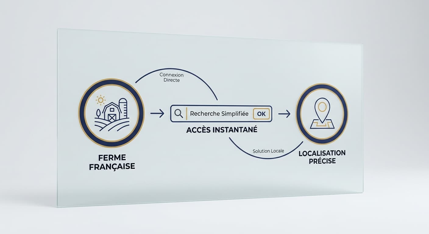 Schéma reliant une ferme française à une recherche Google géolocalisée