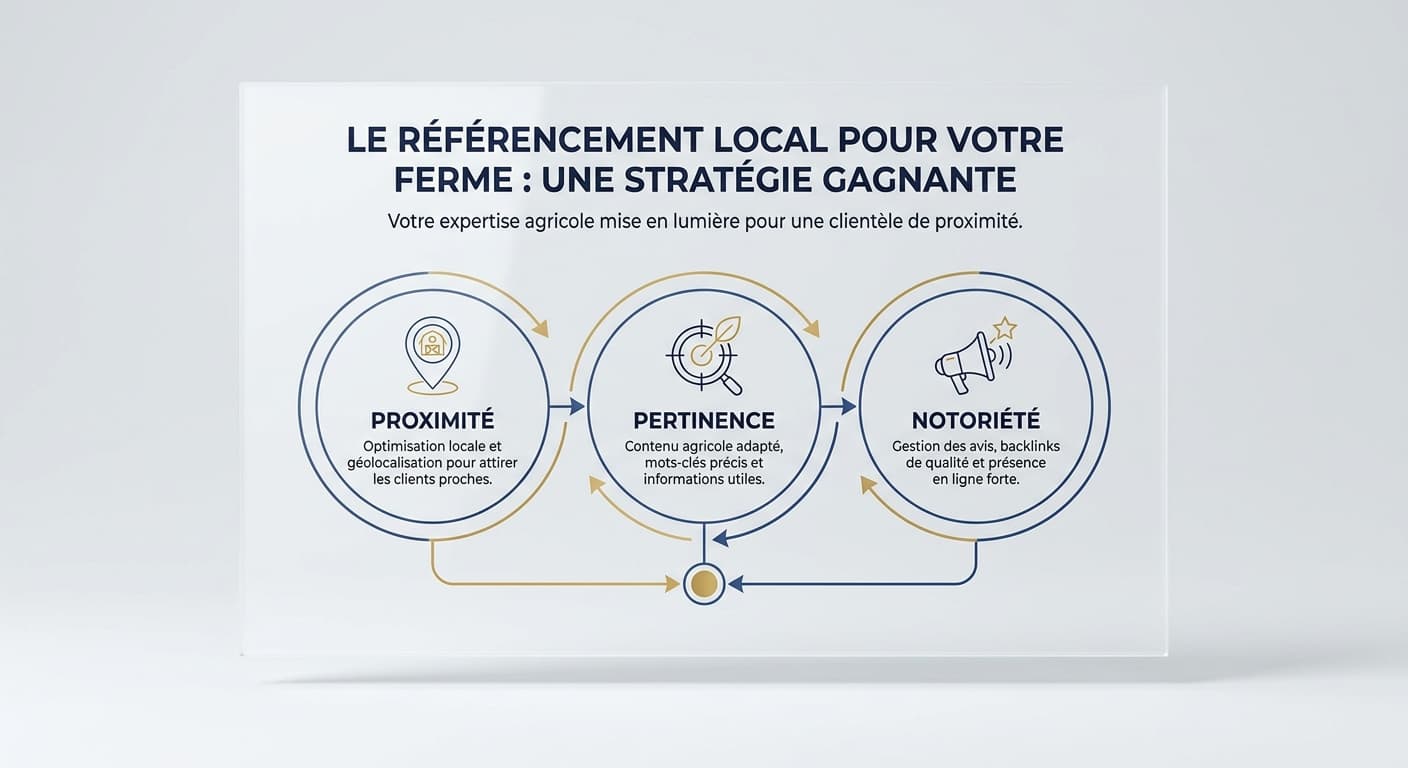 Diagramme des trois critères de classement local de Google appliqués à une ferme