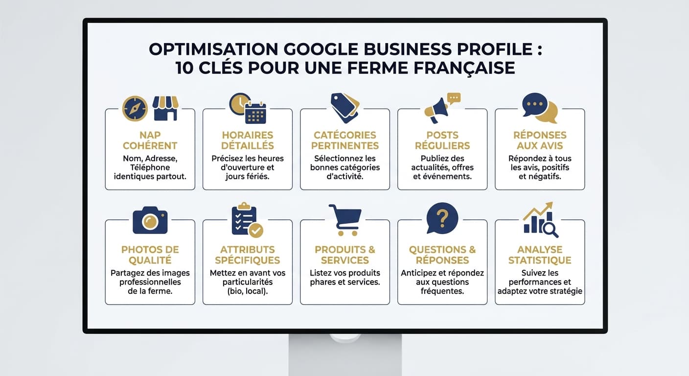 Checklist visuelle d'une fiche Google Business Profile optimisée pour une ferme