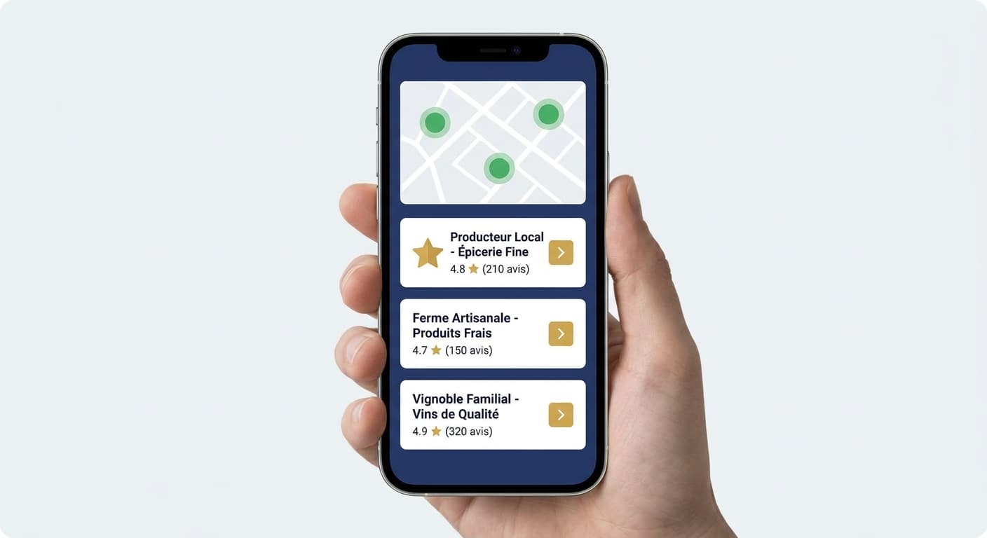 Représentation du pack local Google avec trois fiches de producteurs