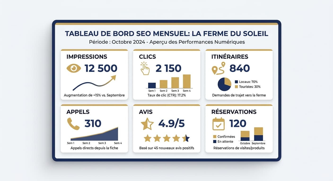 Tableau de bord mensuel des performances de référencement d'une ferme