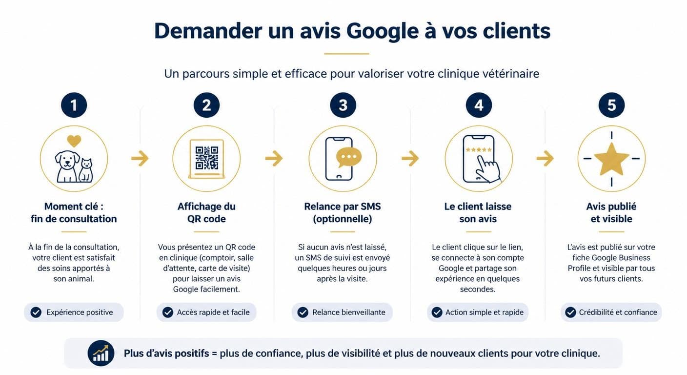 Processus de sollicitation d'avis Google pour une clinique vétérinaire
