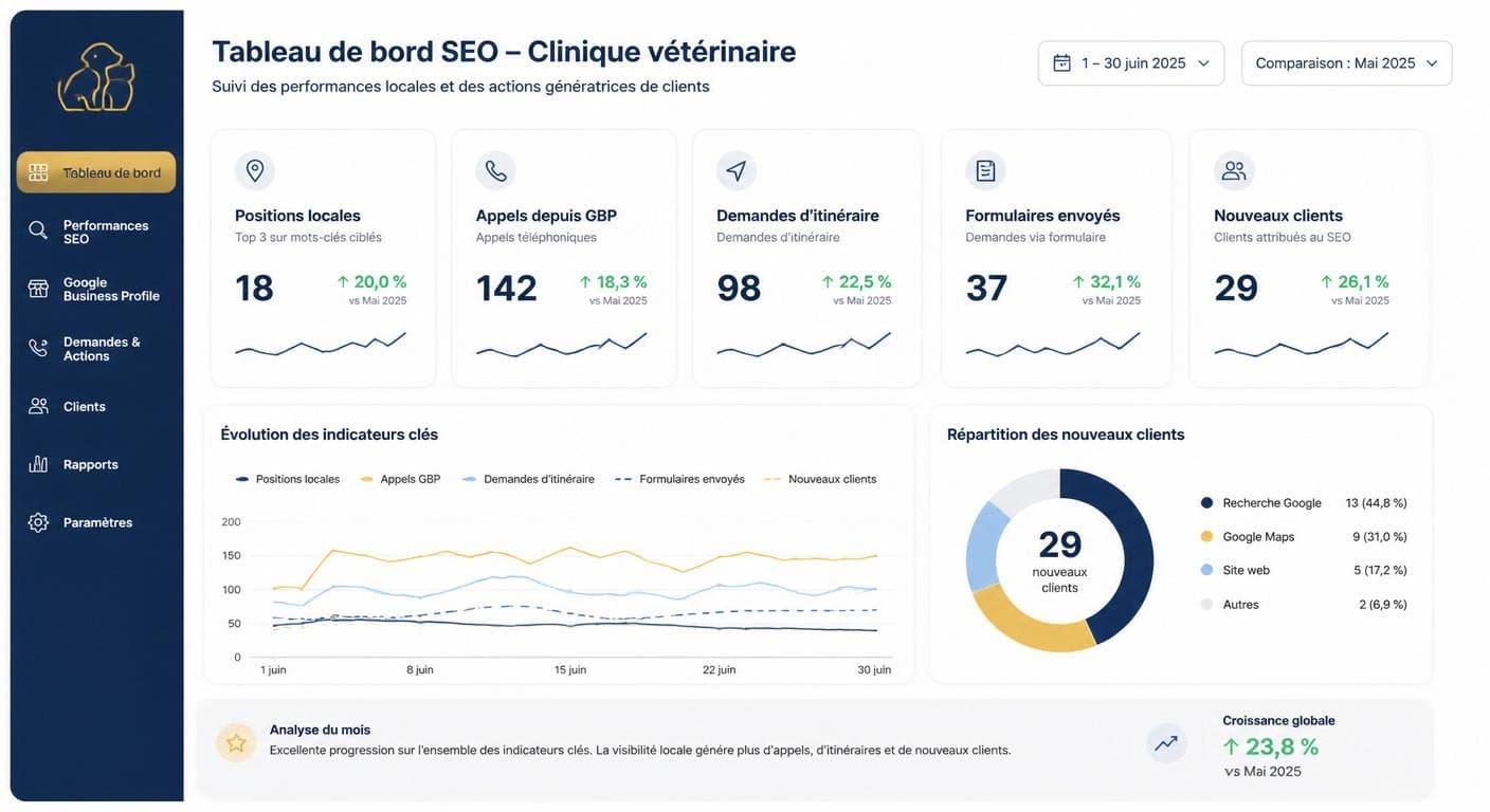 Tableau de bord SEO mensuel d'une clinique vétérinaire avec 5 indicateurs clés