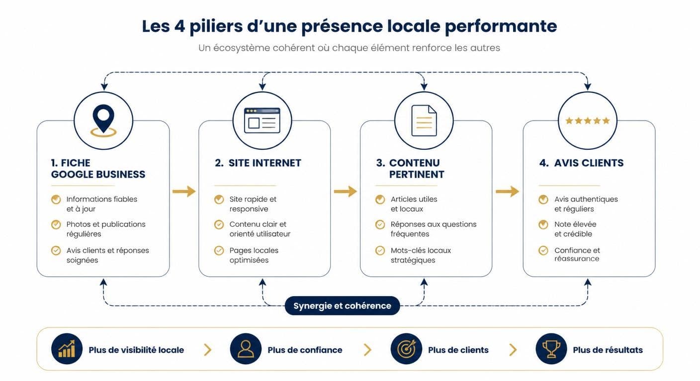 Schéma des 4 leviers du référencement vétérinaire et leurs interactions