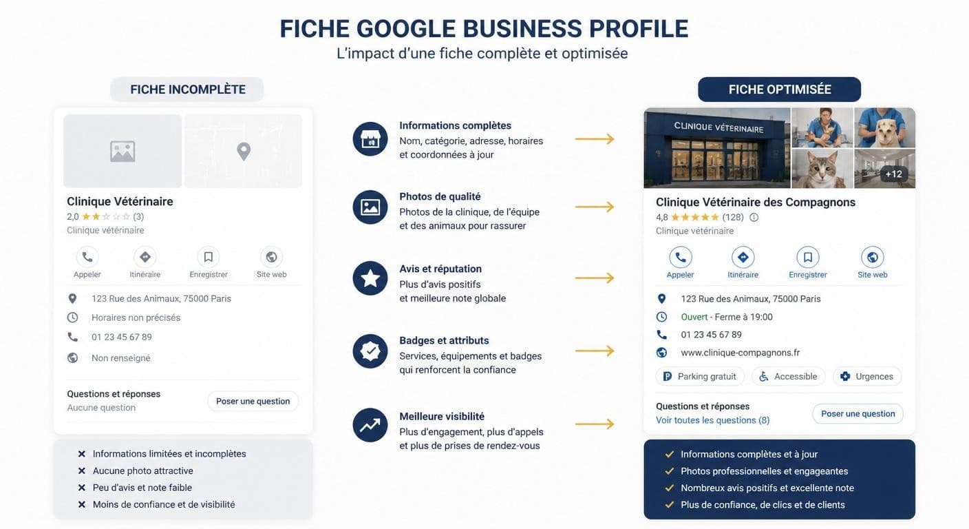 Comparaison entre une fiche Google vétérinaire vide et une fiche optimisée