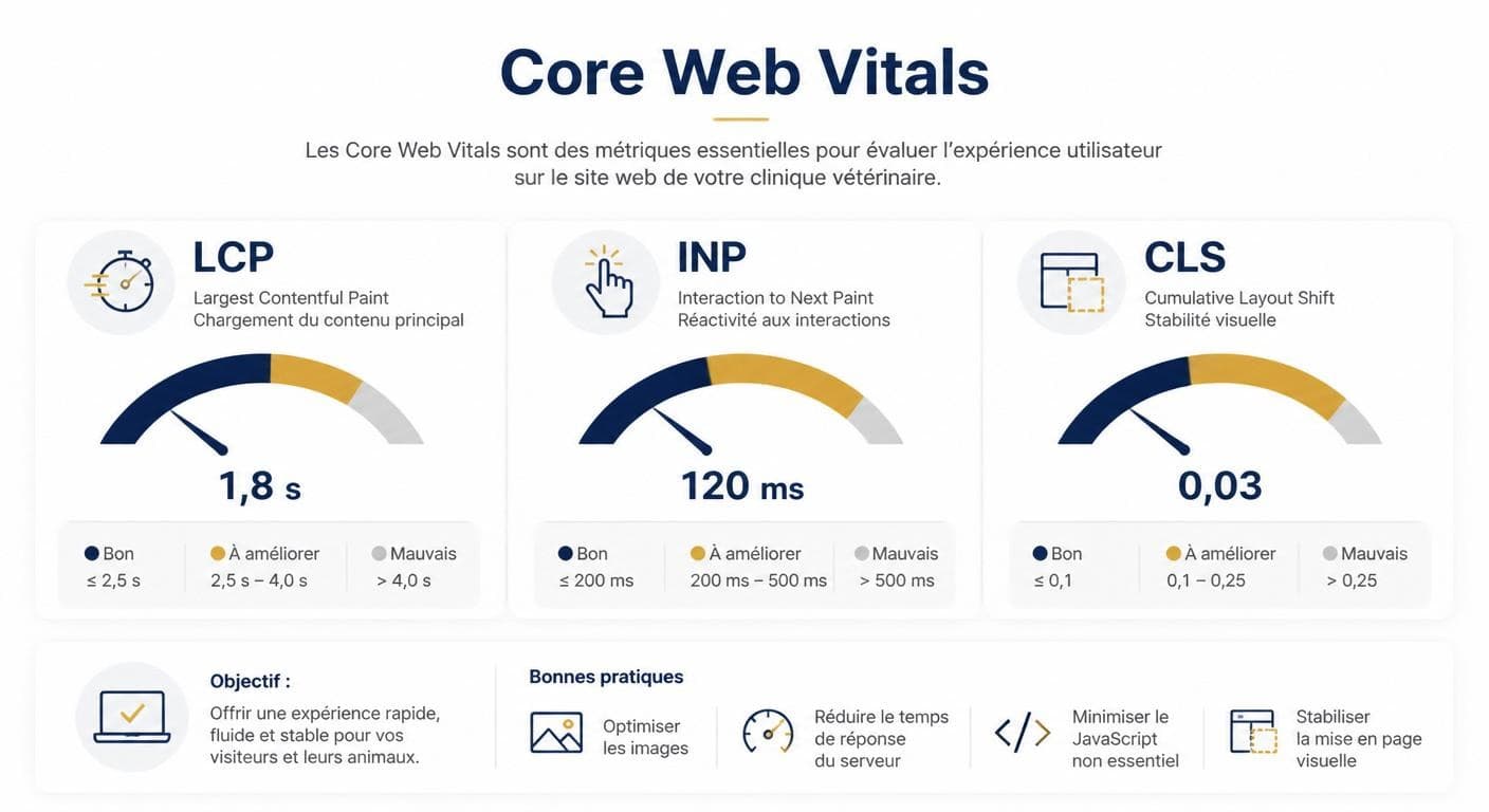 Visualisation des trois Core Web Vitals pour un site de clinique vétérinaire