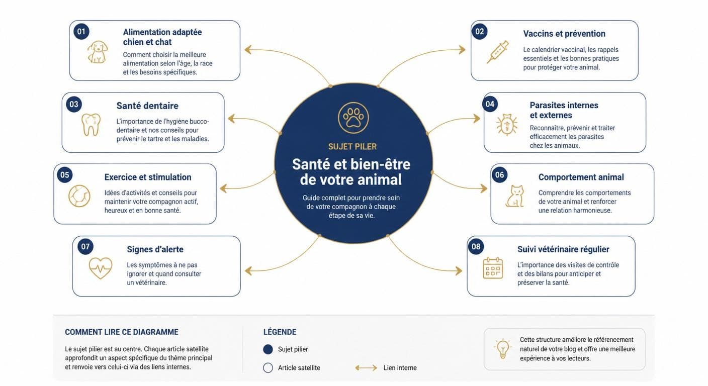 Cluster de contenu éditorial autour d'un sujet pilier vétérinaire