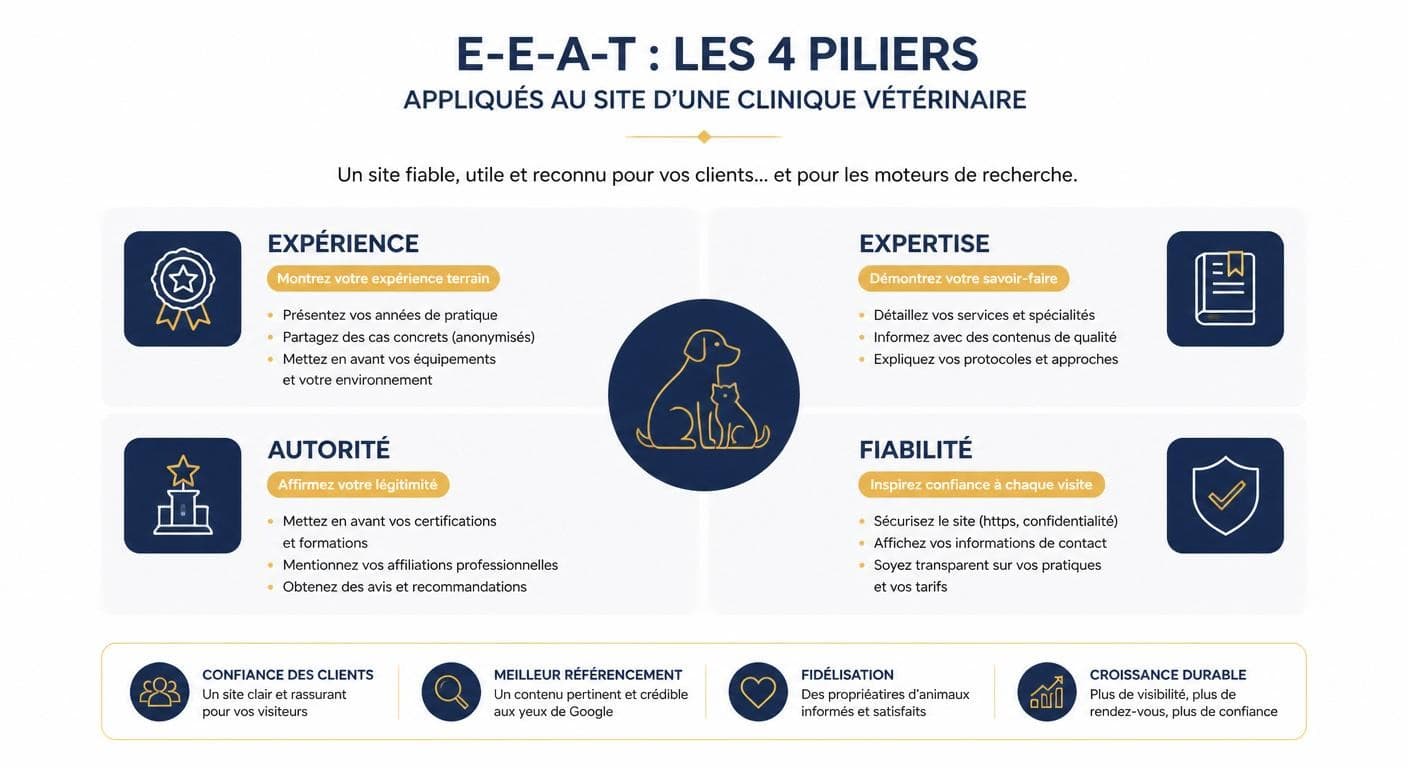 Les 4 composantes E-E-A-T appliquées à un site de clinique vétérinaire
