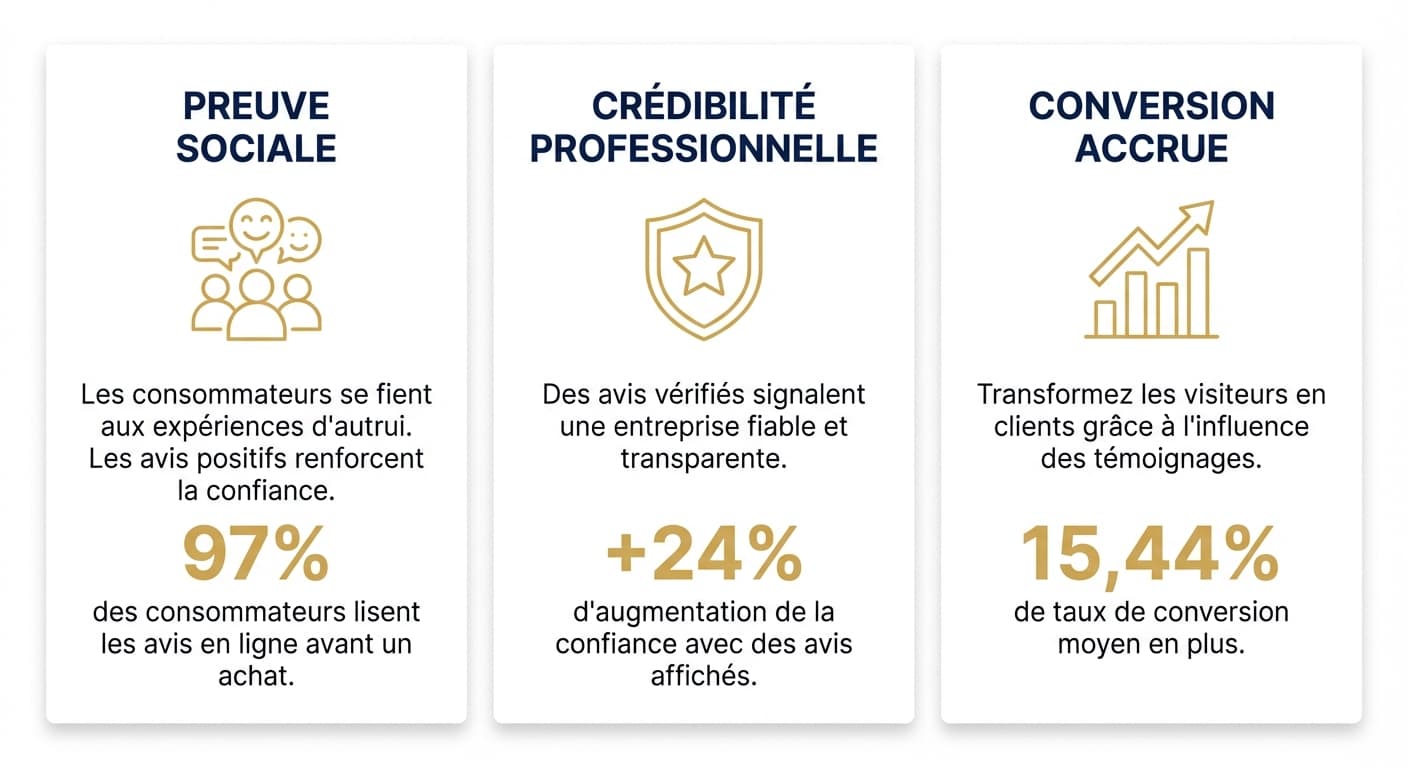 Infographie des trois bénéfices d'un widget avis Google sur un site web