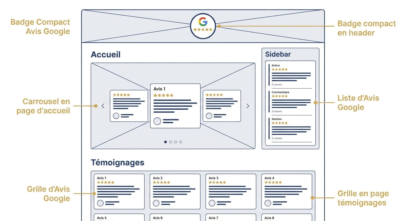Où placer votre widget avis Google selon le format choisi