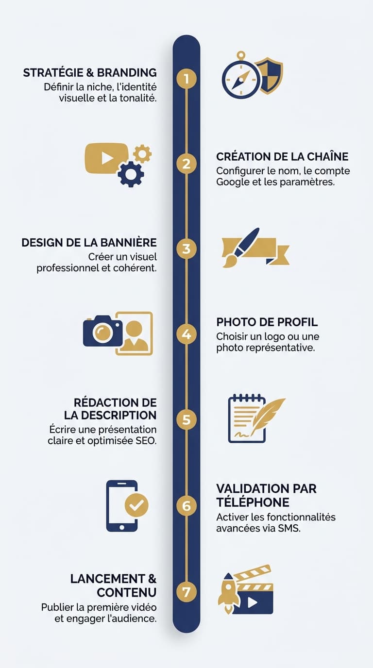 Infographie des 7 étapes pour configurer une chaîne YouTube professionnelle