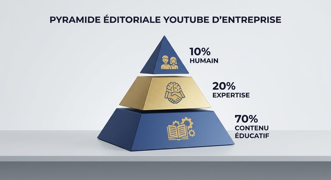 Infographie de la règle éditoriale 70 20 10 pour une chaîne YouTube d'entreprise