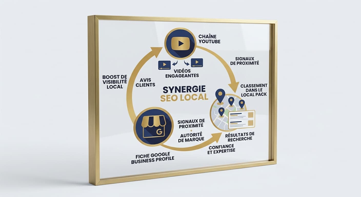 Schéma de la synergie entre une chaîne YouTube et une fiche Google Business Profile