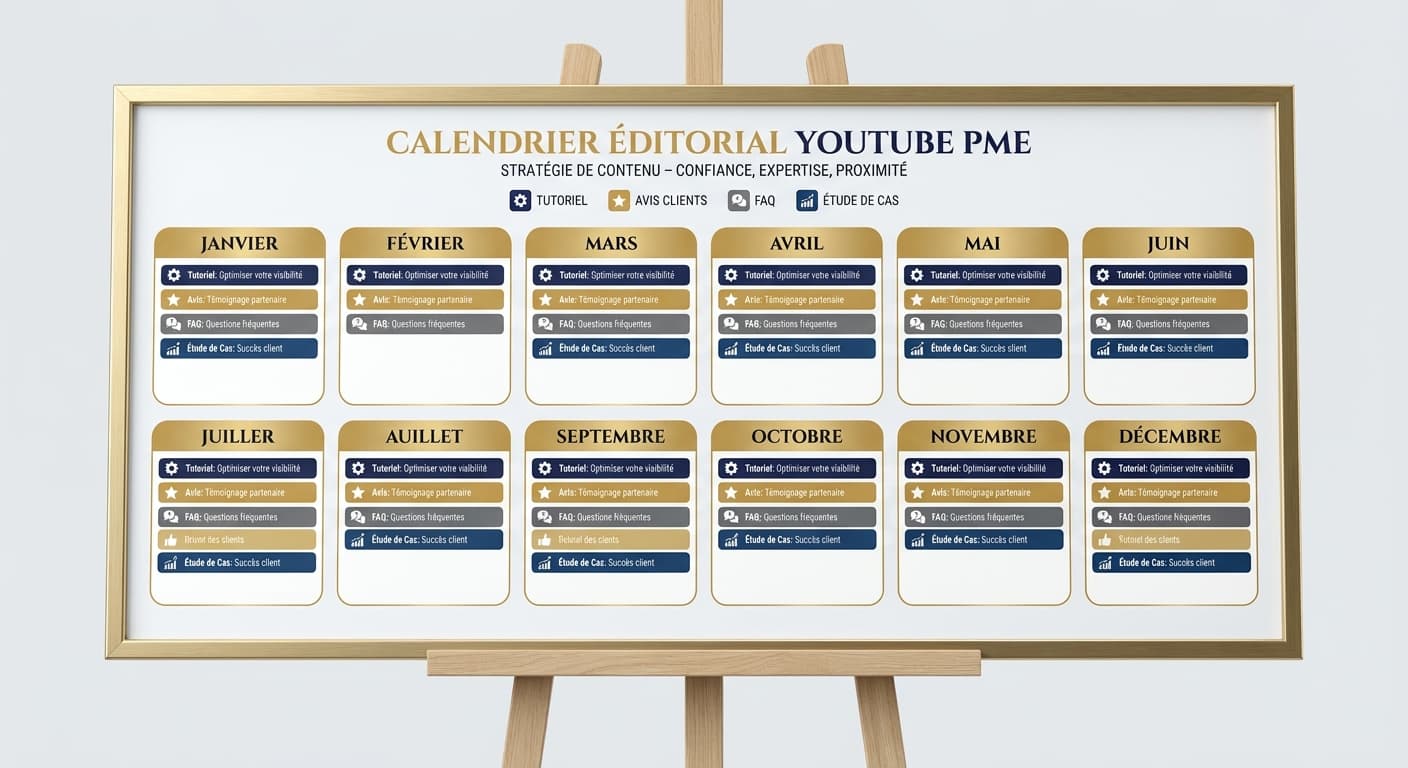 Infographie d'un calendrier éditorial YouTube sur 12 mois pour une PME