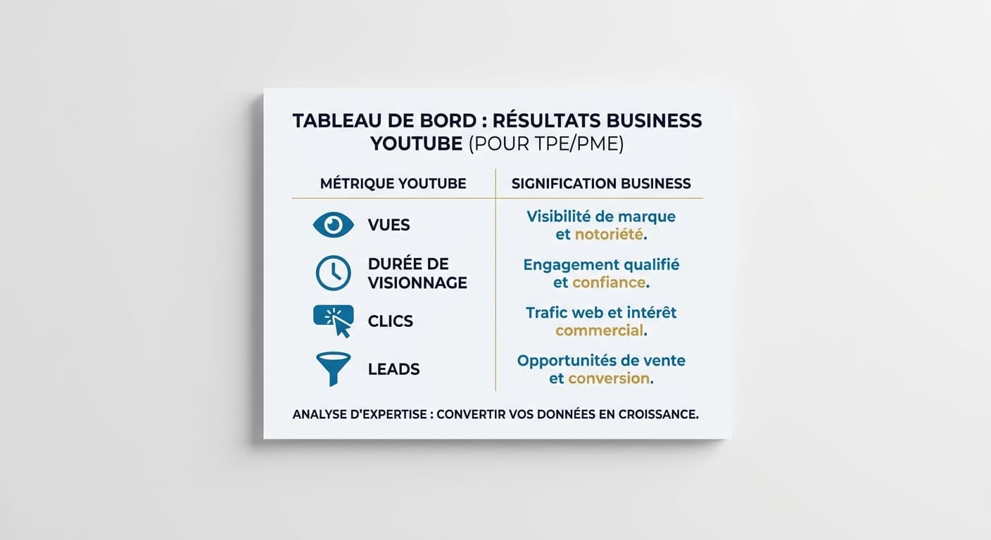Infographie traduisant les indicateurs YouTube Analytics en résultats business concrets